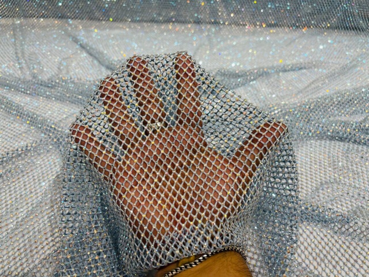1 Yard Sparkly AB Rhinestone Fishnet Fabric Stretch Mesh for Costumes, Décor, and Apparel